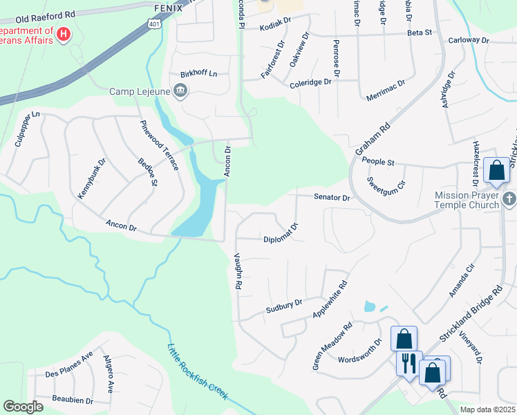 map of restaurants, bars, coffee shops, grocery stores, and more near 6622 Vaughn Road in Fayetteville