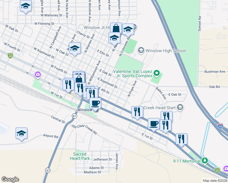 map of restaurants, bars, coffee shops, grocery stores, and more near 506 East 4th Street in Winslow