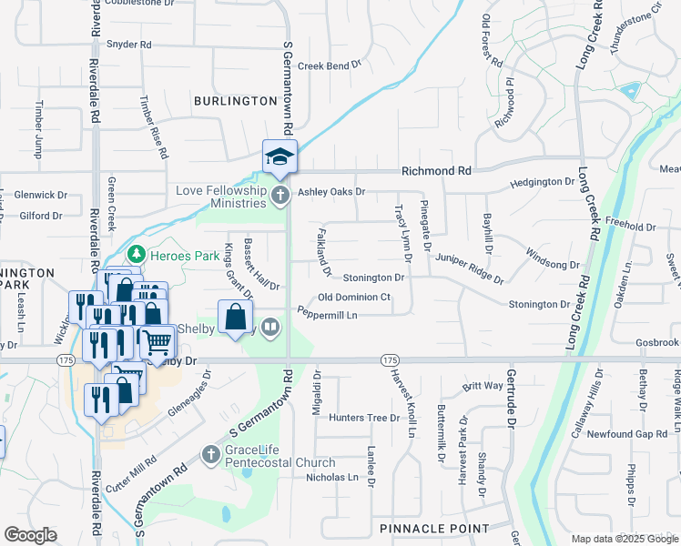map of restaurants, bars, coffee shops, grocery stores, and more near 7299 Stonington Drive in Memphis