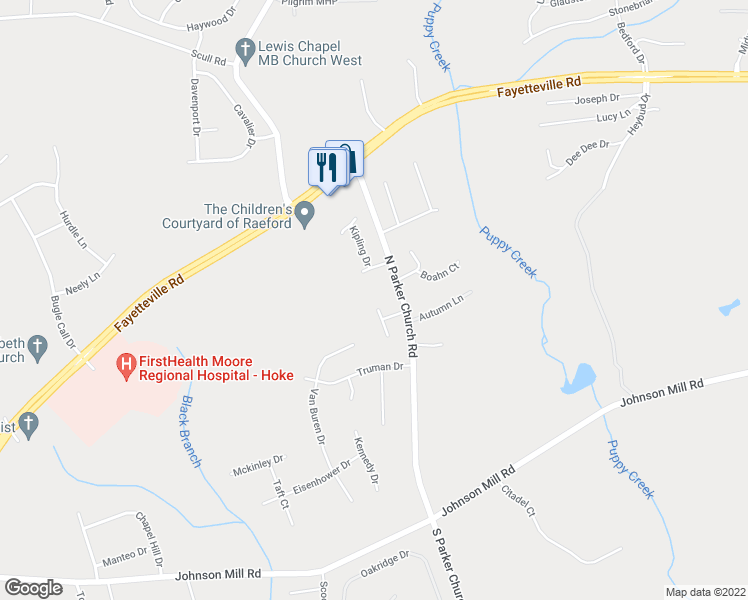 map of restaurants, bars, coffee shops, grocery stores, and more near 104 Kestrel Court in Raeford