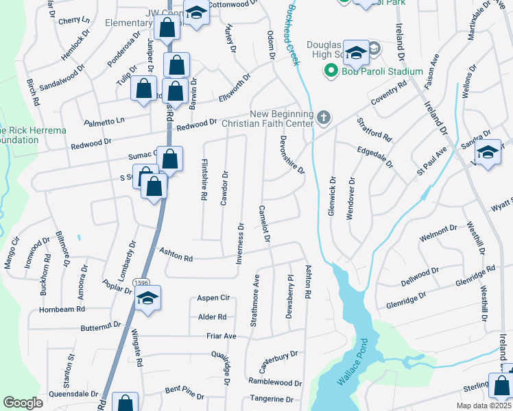 map of restaurants, bars, coffee shops, grocery stores, and more near 1506 Camelot Drive in Fayetteville