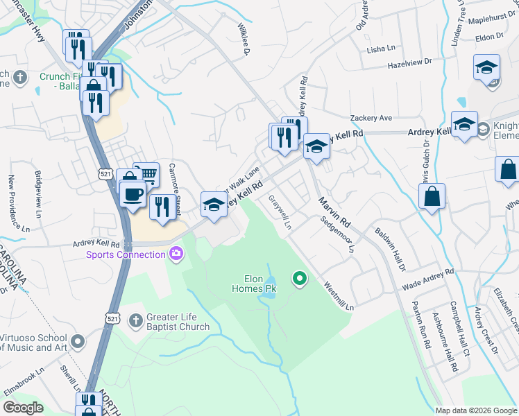 map of restaurants, bars, coffee shops, grocery stores, and more near 16516 Kettlewell Lane in Charlotte