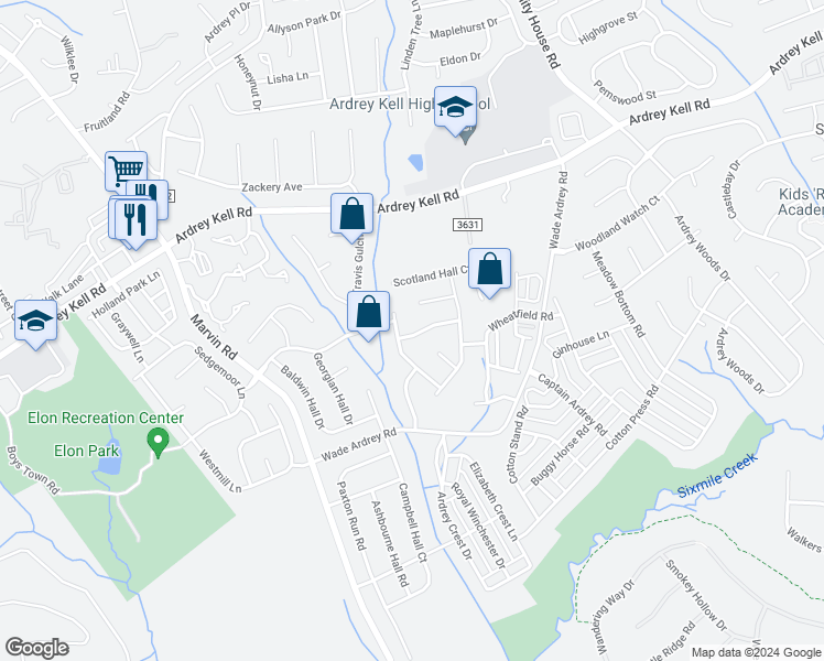 map of restaurants, bars, coffee shops, grocery stores, and more near 9618 Constitution Hall Drive in Charlotte