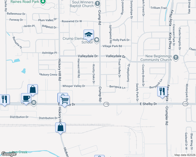 map of restaurants, bars, coffee shops, grocery stores, and more near 4580 Knotty Oaks Drive in Memphis