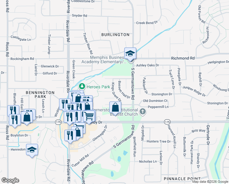 map of restaurants, bars, coffee shops, grocery stores, and more near 4574 Kings Grant Drive in Memphis