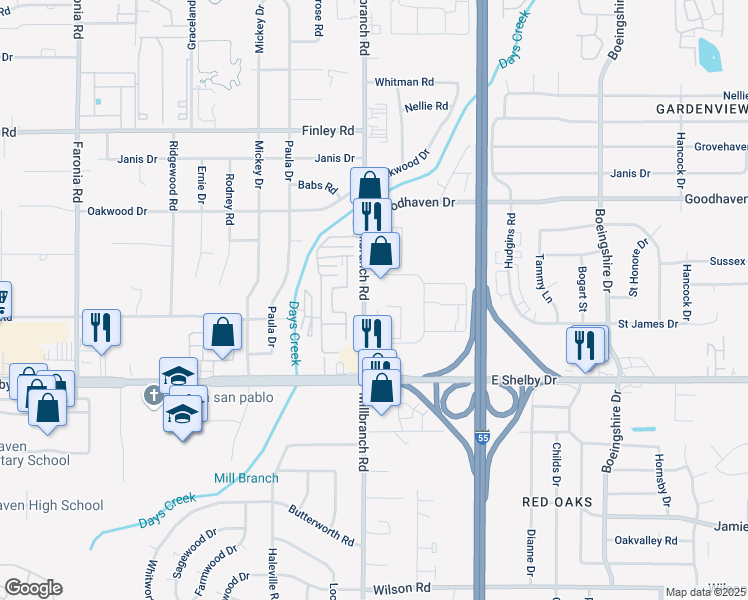 map of restaurants, bars, coffee shops, grocery stores, and more near 4560 Millbranch Road in Memphis