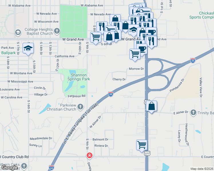 map of restaurants, bars, coffee shops, grocery stores, and more near 142 Orchard Drive in Chickasha