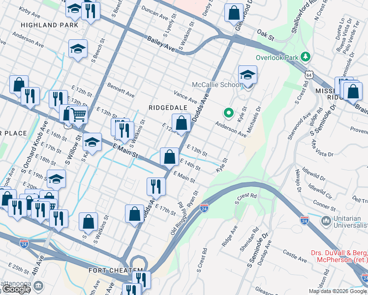 map of restaurants, bars, coffee shops, grocery stores, and more near 2602 East 13th Street in Chattanooga