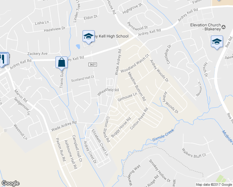 map of restaurants, bars, coffee shops, grocery stores, and more near 9411 Wheatfield Road in Charlotte