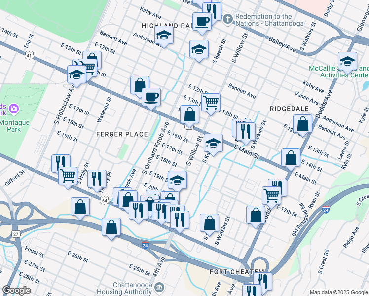 map of restaurants, bars, coffee shops, grocery stores, and more near 1701 Mulberry Street in Chattanooga