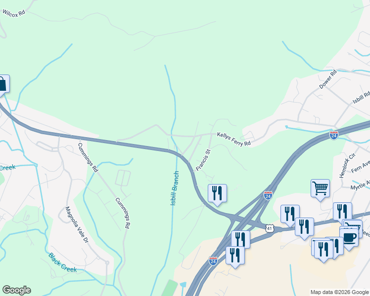 map of restaurants, bars, coffee shops, grocery stores, and more near 5 Kellys Ferry Avenue in Chattanooga