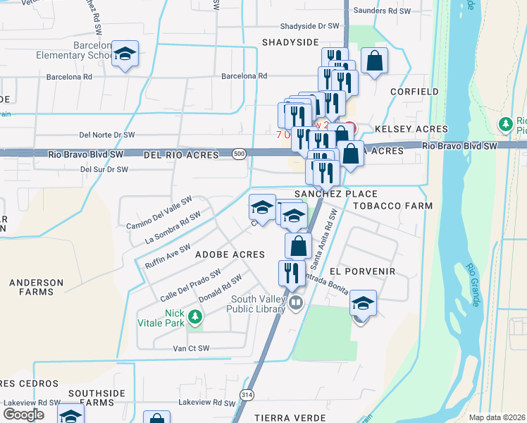 map of restaurants, bars, coffee shops, grocery stores, and more near 1724 Camino Del Valle Southwest in Albuquerque