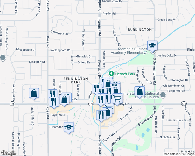 map of restaurants, bars, coffee shops, grocery stores, and more near 4573 Cognac Cove in Memphis