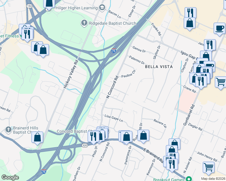 map of restaurants, bars, coffee shops, grocery stores, and more near 7001 Greenway Drive in Chattanooga