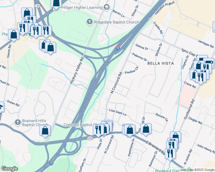 map of restaurants, bars, coffee shops, grocery stores, and more near 6910 Greenway Drive in Chattanooga