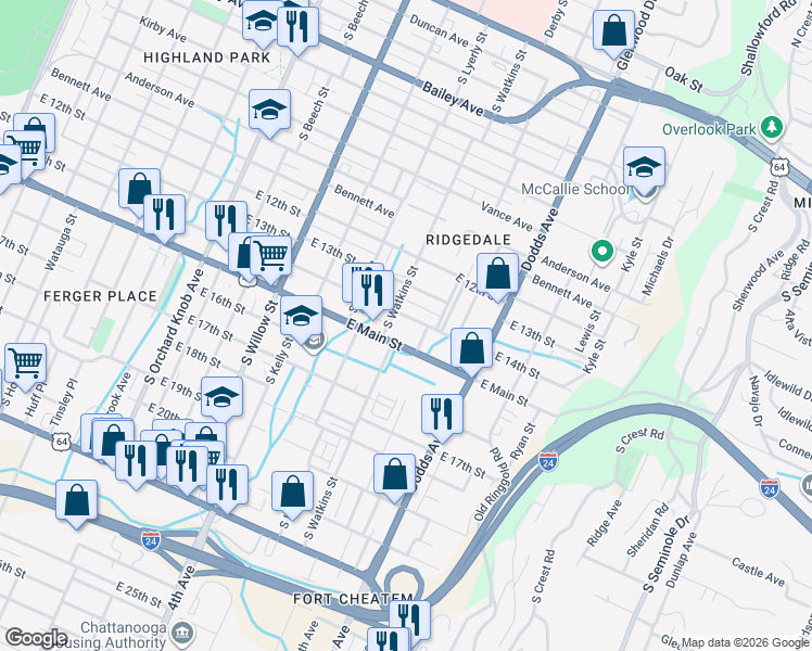 map of restaurants, bars, coffee shops, grocery stores, and more near 2411 East Main Street in Chattanooga