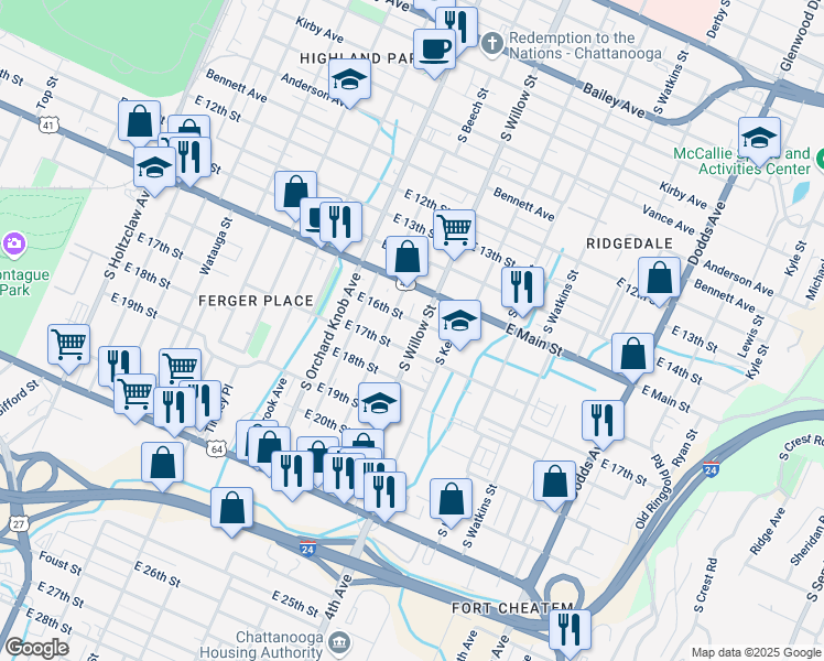 map of restaurants, bars, coffee shops, grocery stores, and more near 1608 South Willow Street in Chattanooga
