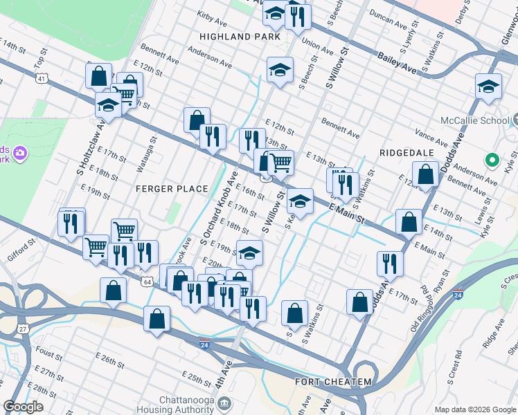 map of restaurants, bars, coffee shops, grocery stores, and more near 1701 Mulberry Street in Chattanooga