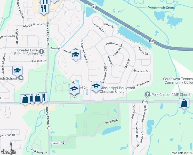 map of restaurants, bars, coffee shops, grocery stores, and more near 8298 Whispering Elm Drive in Memphis