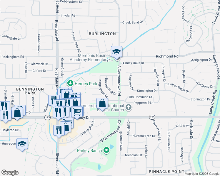 map of restaurants, bars, coffee shops, grocery stores, and more near 4586 Bassett Hall Drive in Memphis
