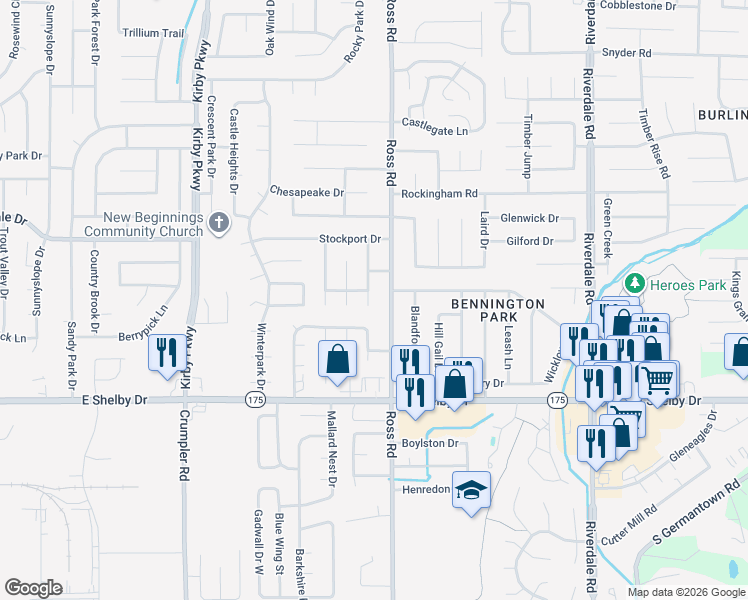 map of restaurants, bars, coffee shops, grocery stores, and more near 4575 Quail Ridge Trail in Memphis