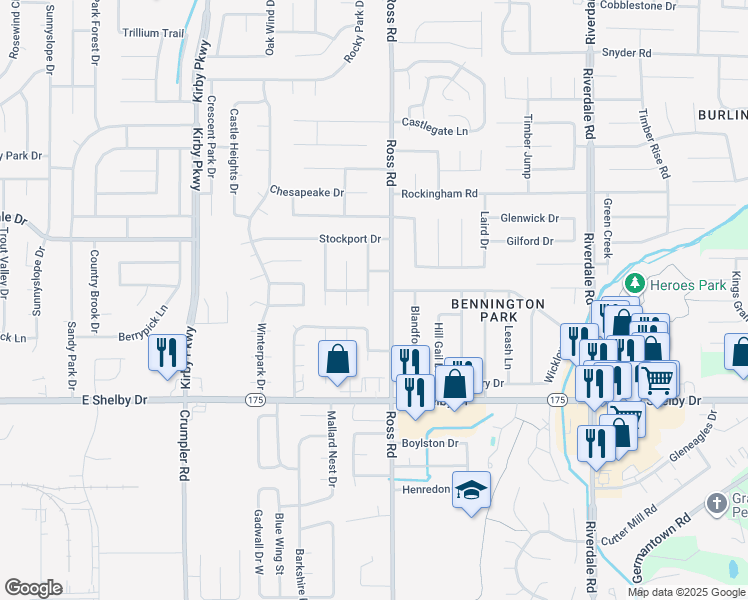 map of restaurants, bars, coffee shops, grocery stores, and more near 4575 Quail Ridge Trail in Memphis