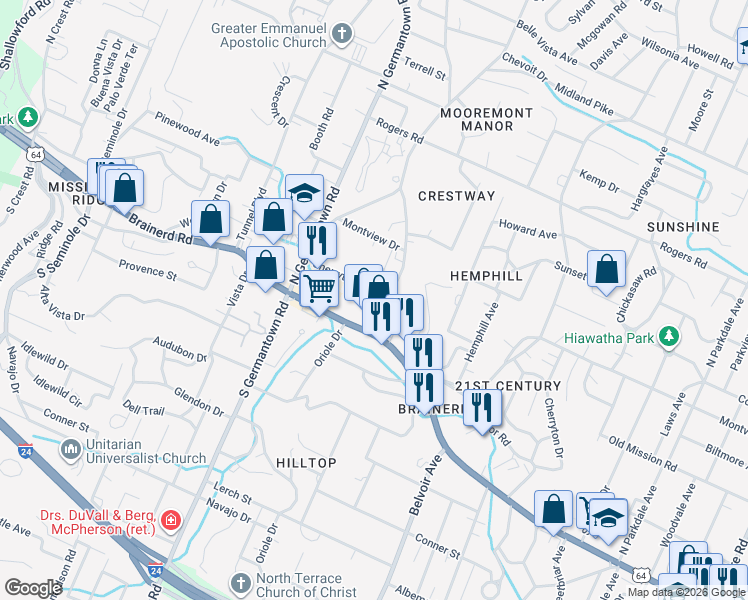 map of restaurants, bars, coffee shops, grocery stores, and more near 3709 Brainerd Road in Chattanooga