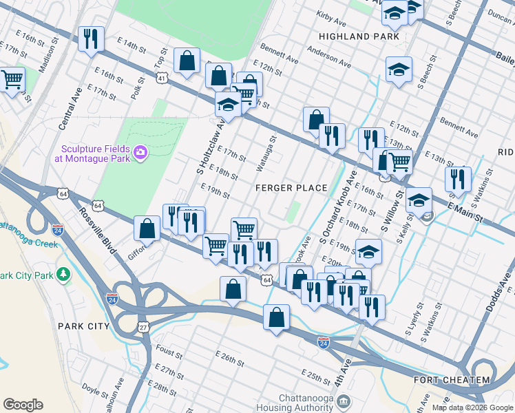 map of restaurants, bars, coffee shops, grocery stores, and more near 1600 East 20th Street in Chattanooga