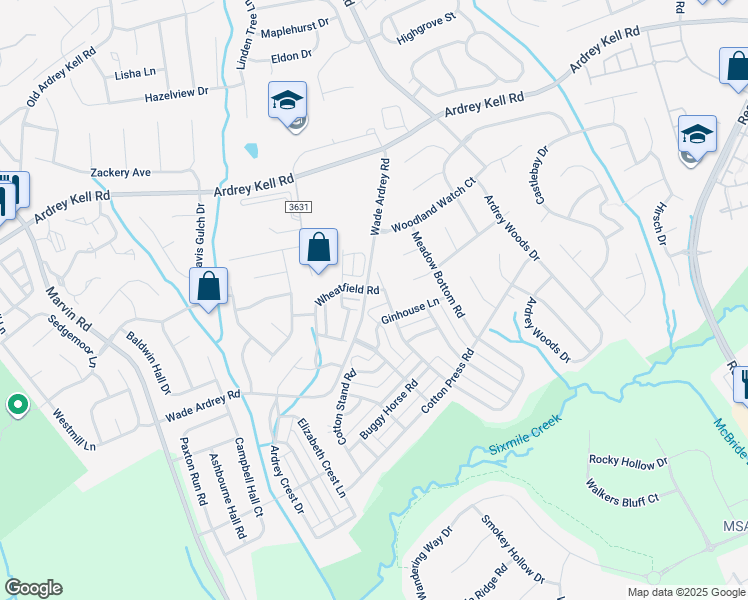 map of restaurants, bars, coffee shops, grocery stores, and more near 9411 Wheatfield Road in Charlotte