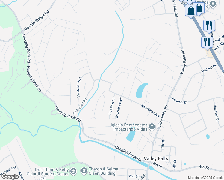 map of restaurants, bars, coffee shops, grocery stores, and more near 410 Shoreline Boulevard in Boiling Springs
