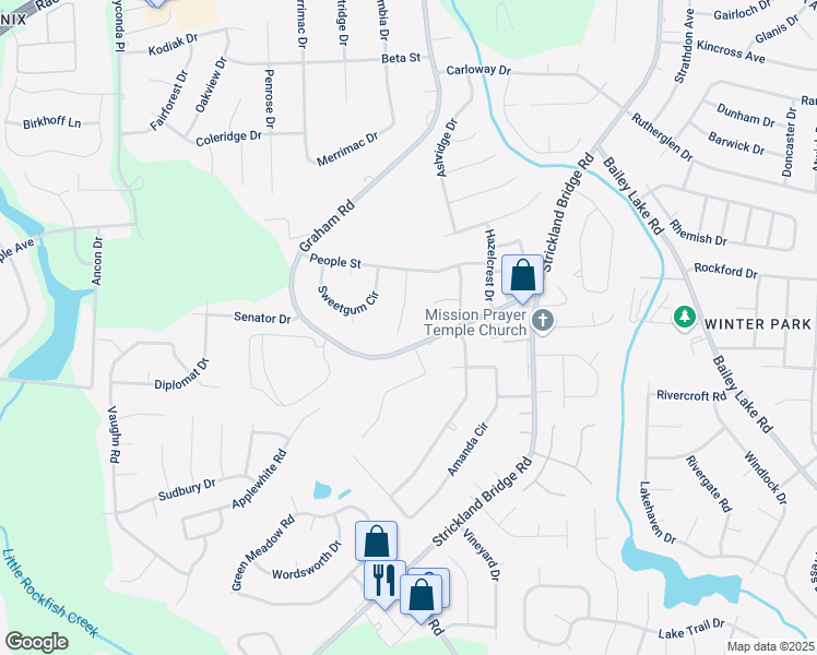 map of restaurants, bars, coffee shops, grocery stores, and more near 1618 Hickory Ridge Court in Fayetteville