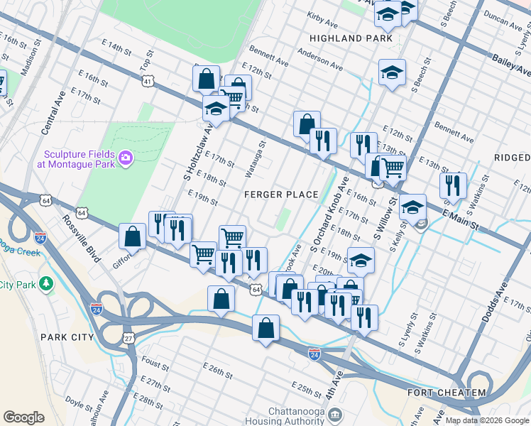 map of restaurants, bars, coffee shops, grocery stores, and more near 226 Eveningside Drive in Chattanooga