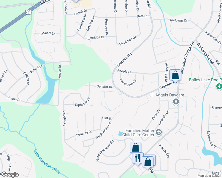 map of restaurants, bars, coffee shops, grocery stores, and more near 6503 Senator Drive in Fayetteville