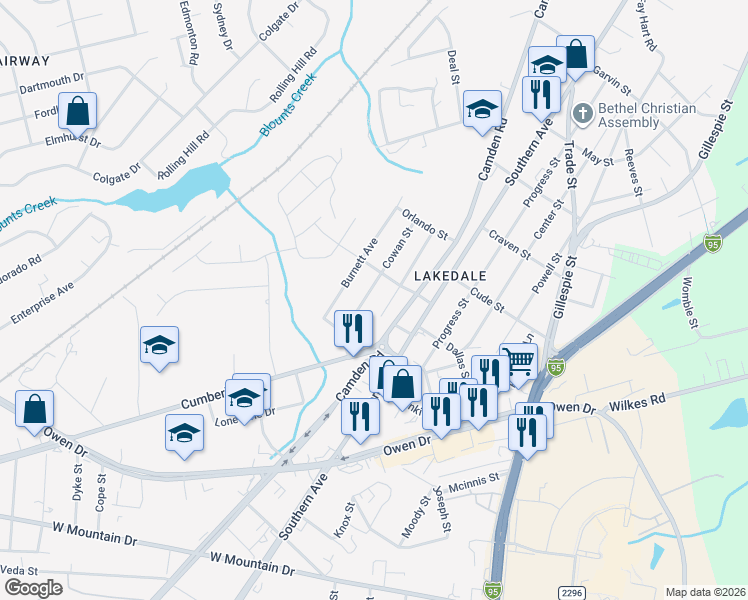 map of restaurants, bars, coffee shops, grocery stores, and more near 2113 Cowan Street in Fayetteville