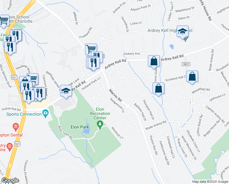 map of restaurants, bars, coffee shops, grocery stores, and more near 16932 Commons Creek Drive in Charlotte