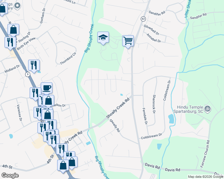 map of restaurants, bars, coffee shops, grocery stores, and more near 363 Aniken Circle in Boiling Springs