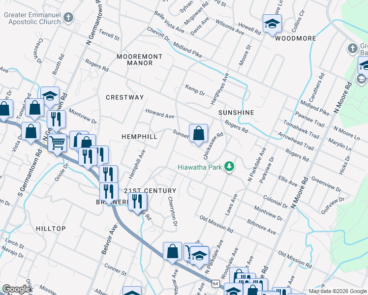 map of restaurants, bars, coffee shops, grocery stores, and more near 4102 Midwoode Drive in Chattanooga