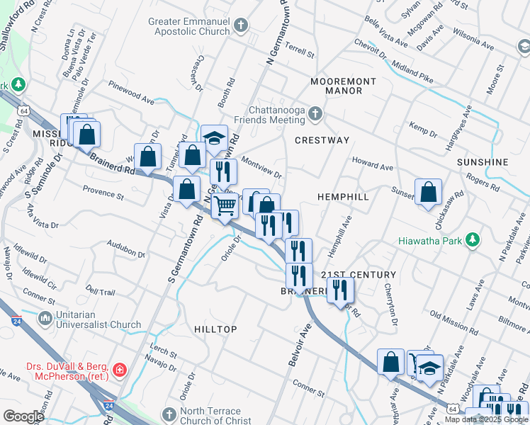 map of restaurants, bars, coffee shops, grocery stores, and more near 3801 Brainerd Rd in Chattanooga