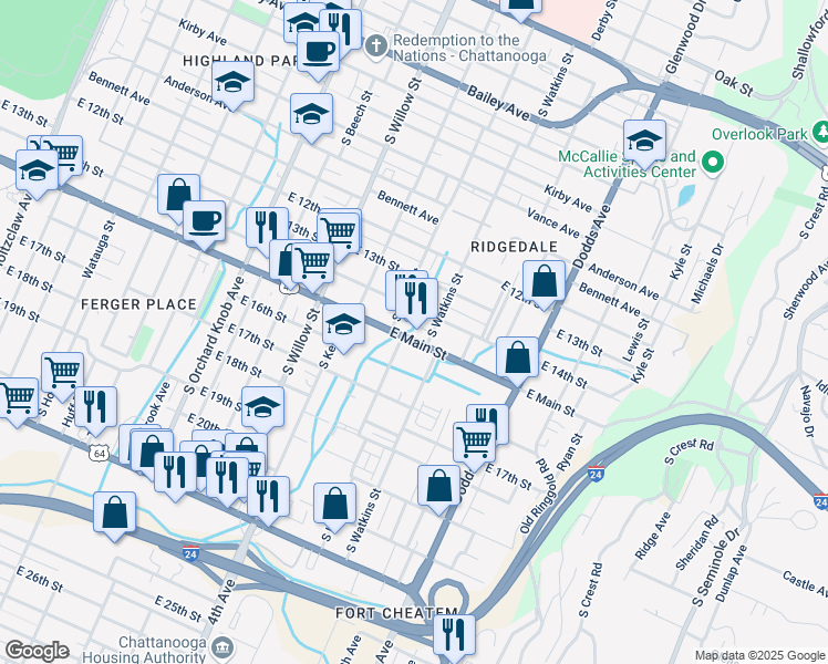 map of restaurants, bars, coffee shops, grocery stores, and more near 2312 East Main Street in Chattanooga
