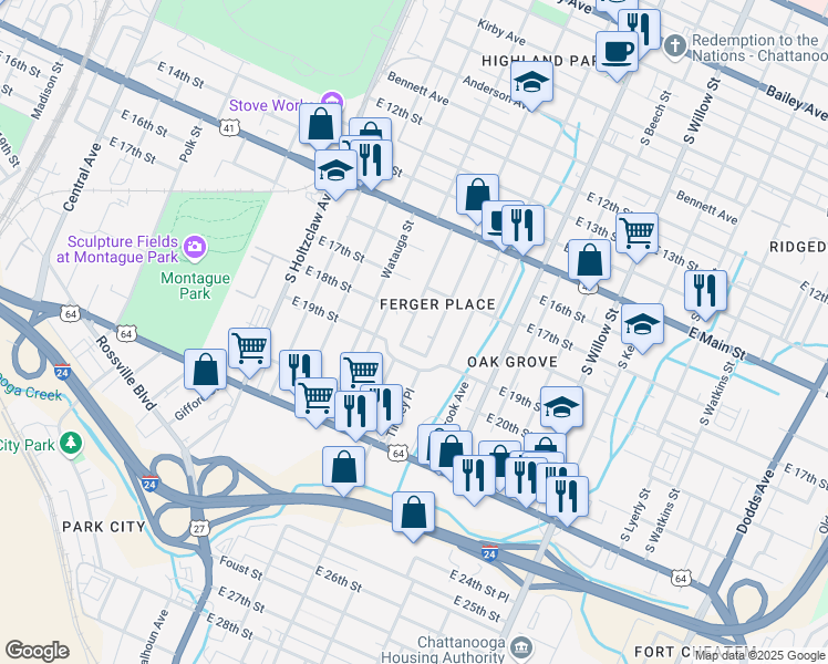 map of restaurants, bars, coffee shops, grocery stores, and more near 226 Eveningside Drive in Chattanooga