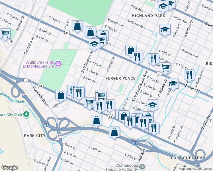 map of restaurants, bars, coffee shops, grocery stores, and more near 1600 East 20th Street in Chattanooga