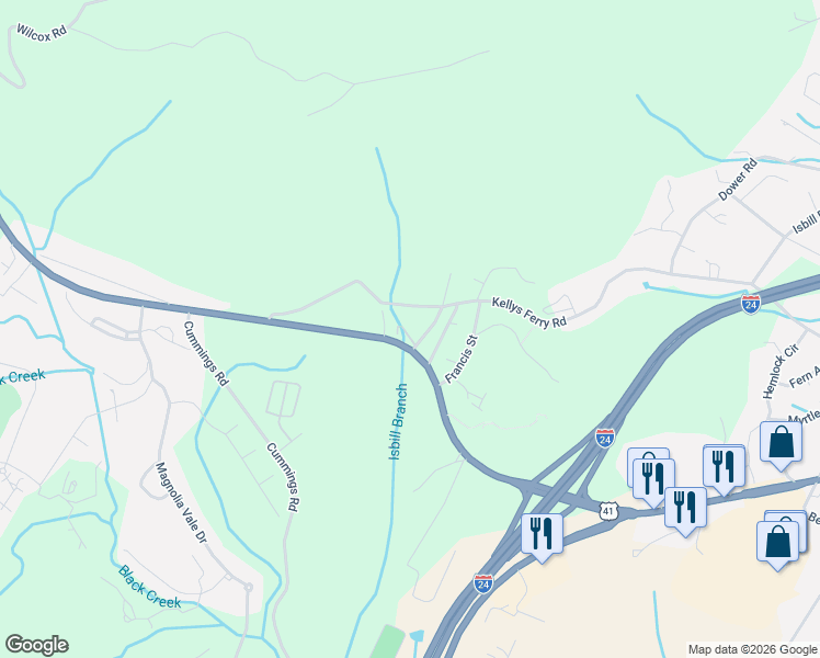 map of restaurants, bars, coffee shops, grocery stores, and more near 4005 Clifford Way in Chattanooga
