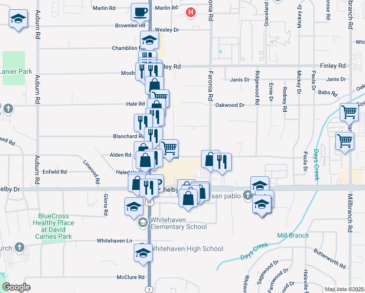 map of restaurants, bars, coffee shops, grocery stores, and more near 1210 Farrow Road in Memphis