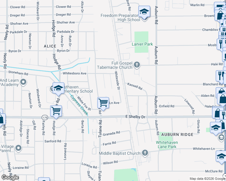 map of restaurants, bars, coffee shops, grocery stores, and more near 4589 Whiteside Street in Memphis