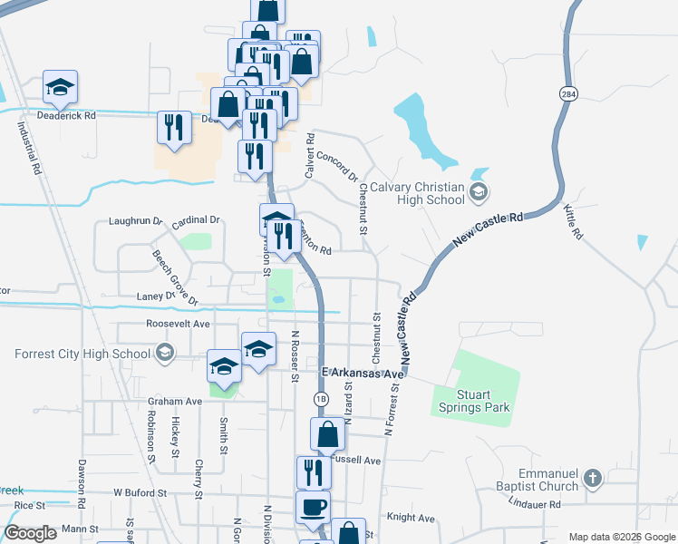 map of restaurants, bars, coffee shops, grocery stores, and more near 1345 North Izard Street in Forrest City