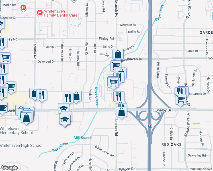 map of restaurants, bars, coffee shops, grocery stores, and more near 4461 Millbranch Road in Memphis