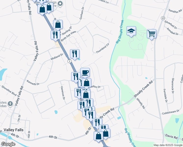 map of restaurants, bars, coffee shops, grocery stores, and more near 2120 Boiling Springs Road in Boiling Springs