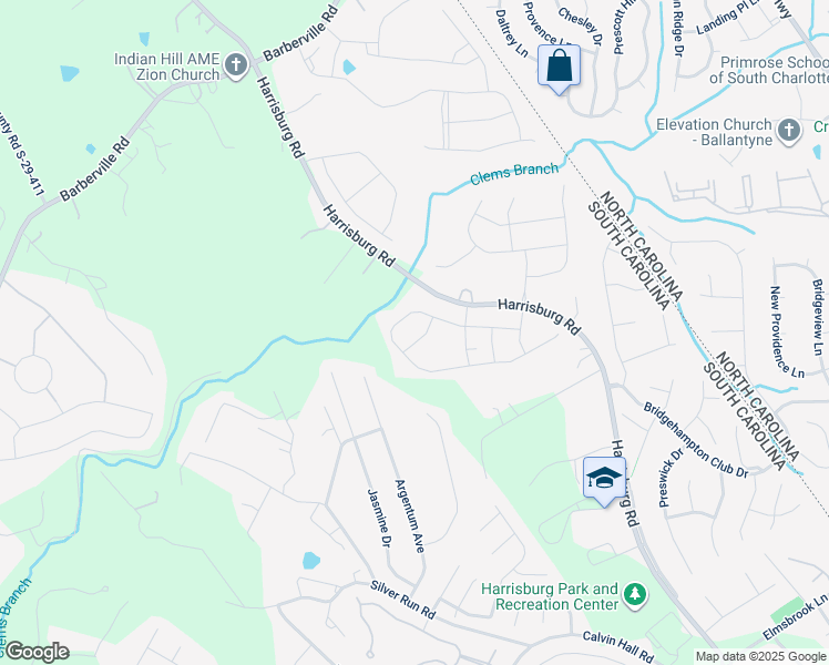 map of restaurants, bars, coffee shops, grocery stores, and more near 10563 Harrisburg Road in Fort Mill