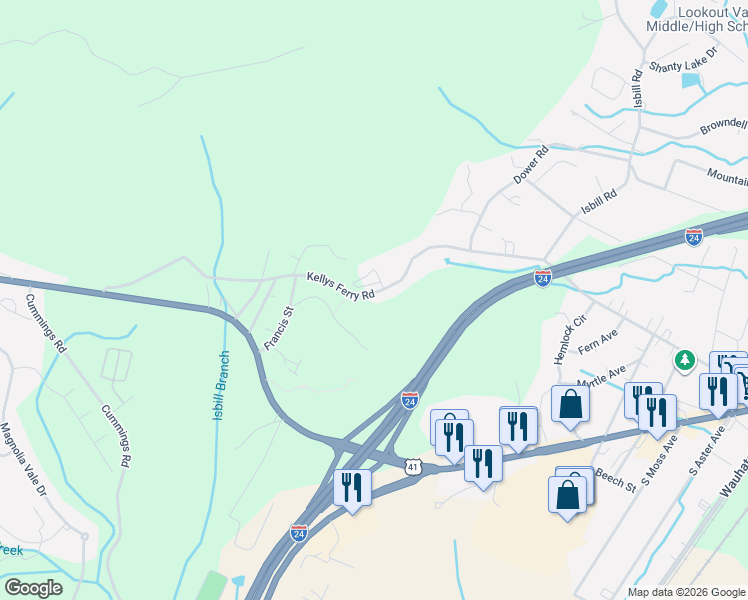 map of restaurants, bars, coffee shops, grocery stores, and more near 3912 Kellys Ferry Road in Chattanooga