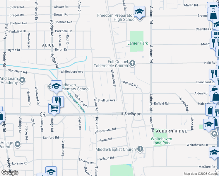 map of restaurants, bars, coffee shops, grocery stores, and more near 4589 Whiteside Street in Memphis